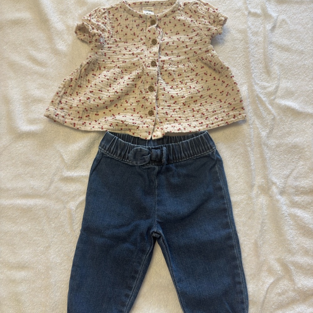 Carters Cherry Button-Up Top and Denim Pants Set